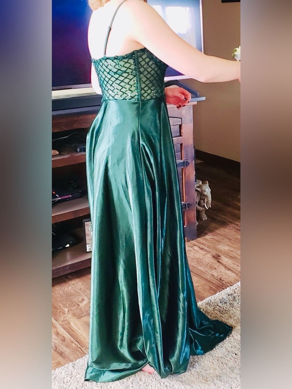 Windsor Dark Green Satin Prom Gown with Beaded Lattice Bodice - Picture 4 of 12